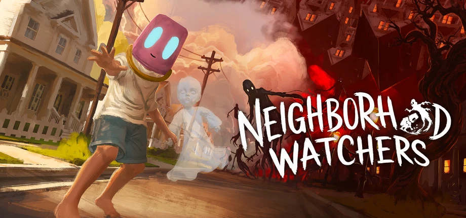 Neighborhood Watchers artwork: a masked kid, friendly ghosts, and a haunted neighborhood